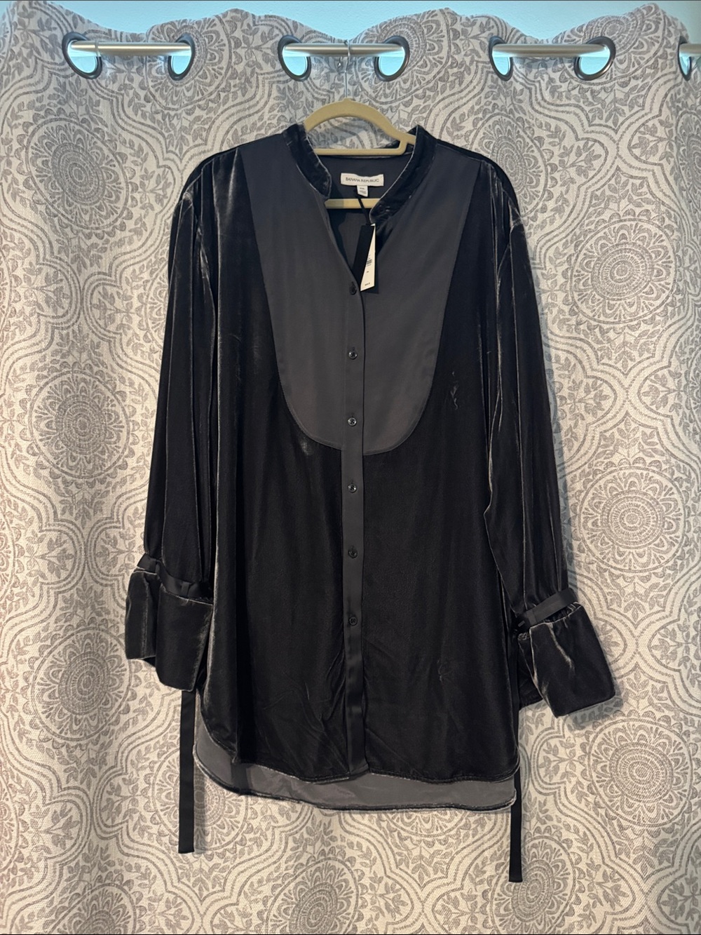 Banana Republic Charcoal Gray Velvet Tunic with Satin Bib and Sleeve Details